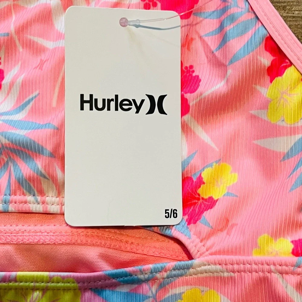 NWT Hurley Kids Pink Floral One Piece Swimsuit Size 5/6 Bright Vibrant Floral